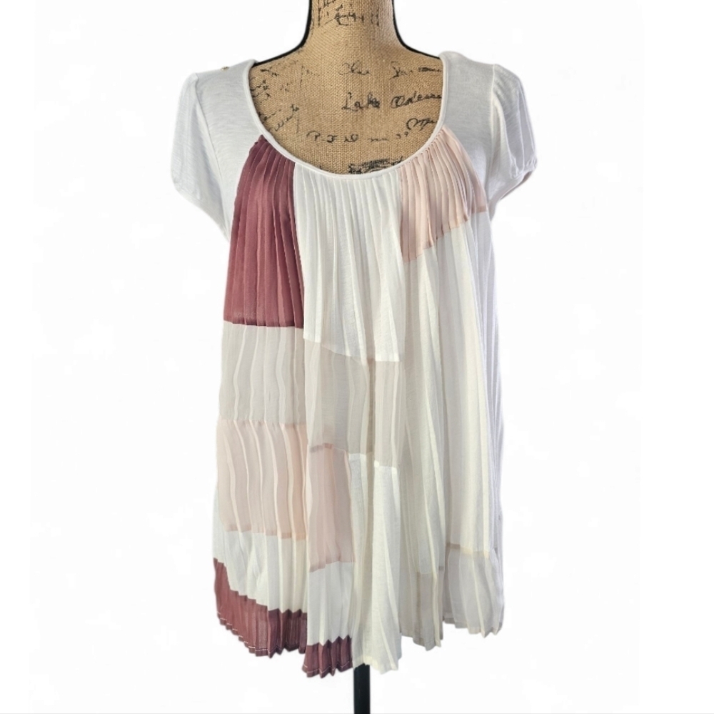 Anthropologie One SeptemberPleated Women's Top in White and Pink, Size M